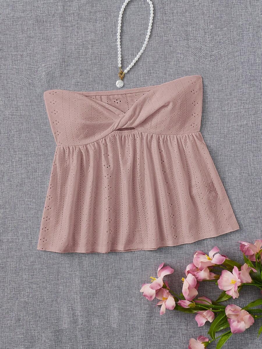 SHEIN EZwear 前扭結網眼刺繡抹胸上衣 - 藕粉色 - 查看 1