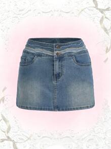 ROMWE Kawaii Graphic Embroidery Washed Denim Skirt - Medium Wash - View 2