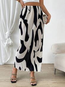 SHEIN Privé 全印花弹力腰女裙 - 黑與白 - 查看 1