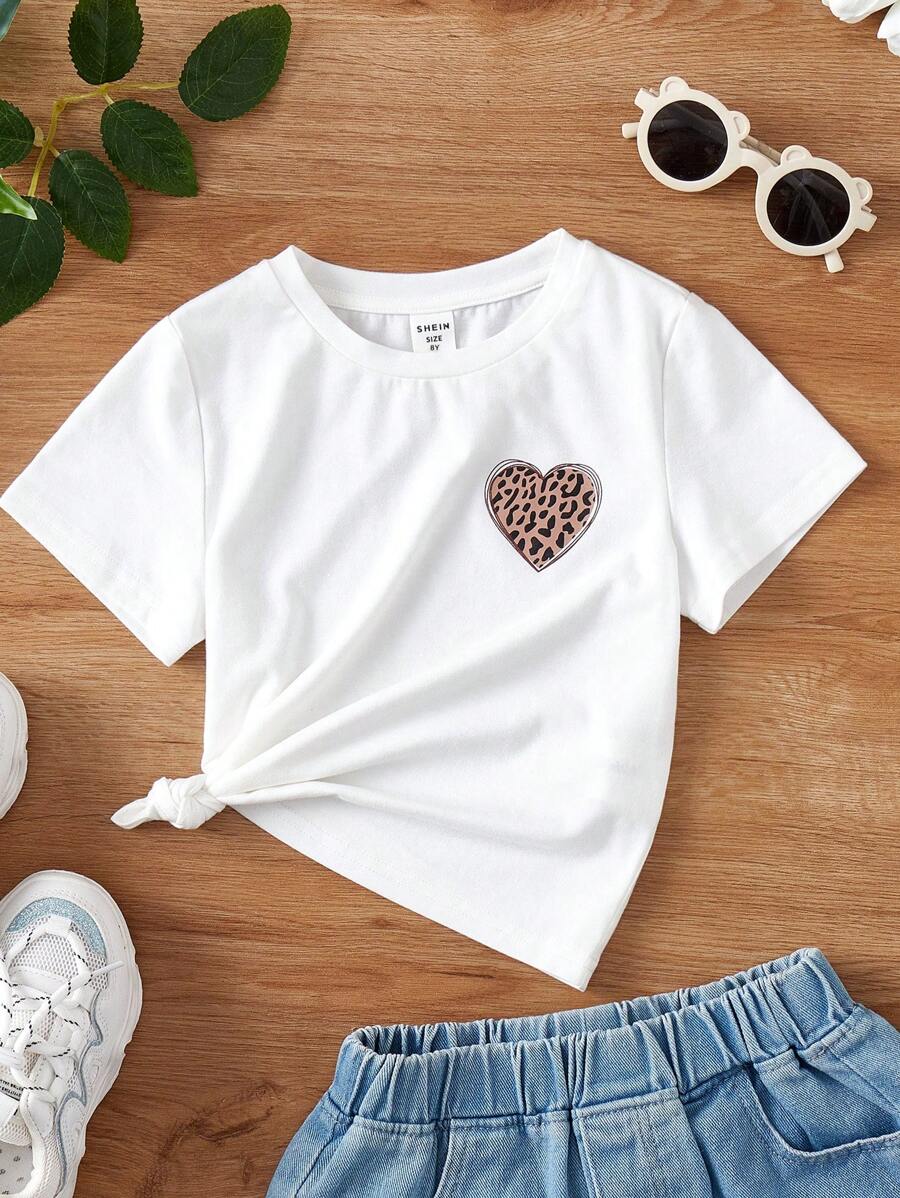 SHEIN Leap Crew Tween Girl Knit Leopard Print Heart Patterned Tee With Casual Design - White - View 1