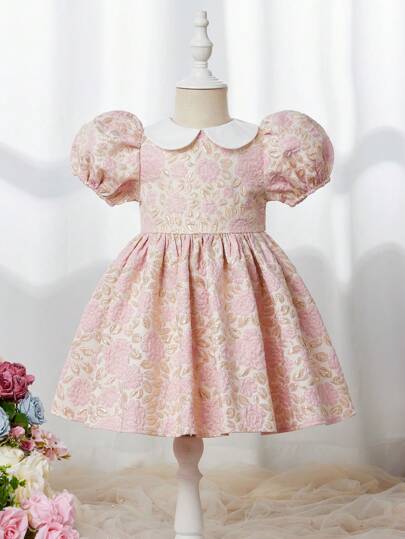 SHEIN Leap Crew 青少年女孩婚礼季彼得潘领泡泡袖短袖连衣裙