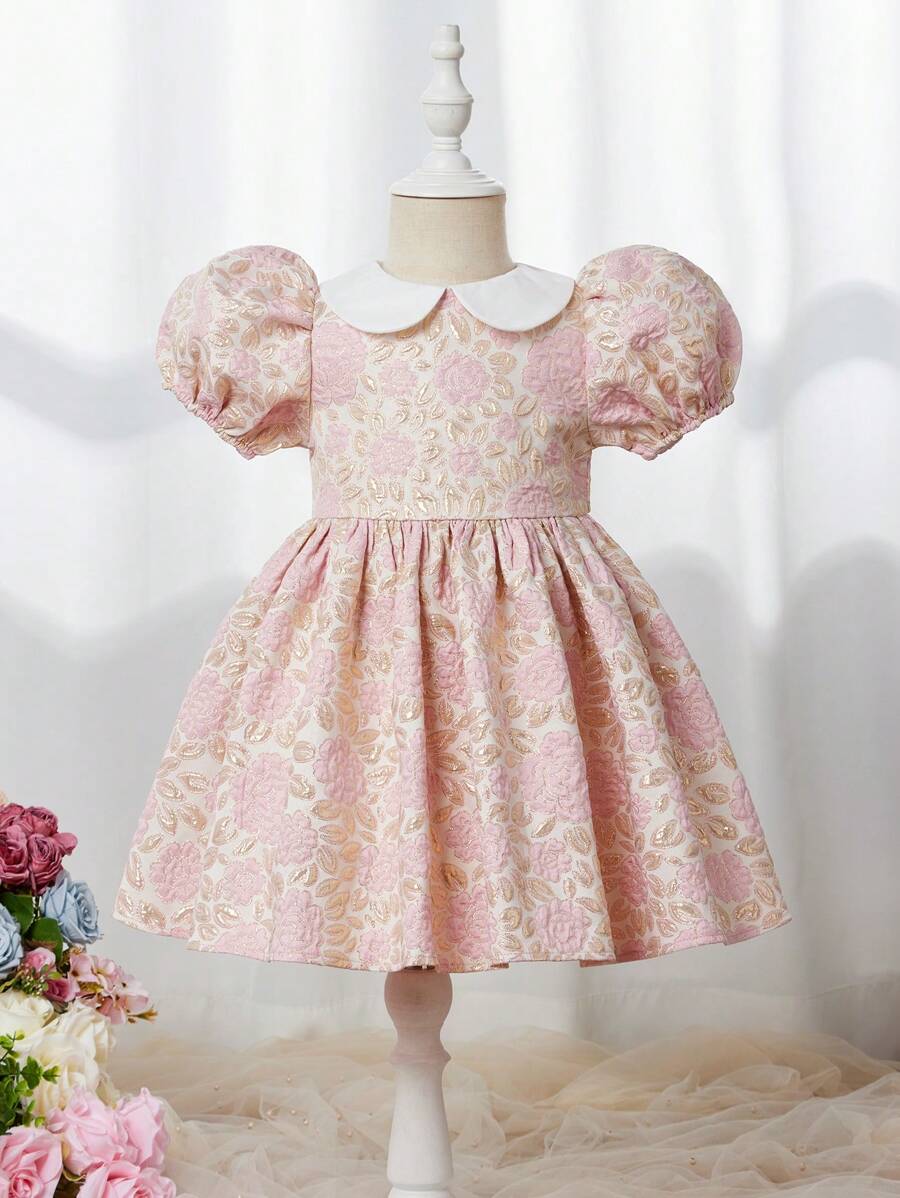 SHEIN Leap Crew 青少年女孩婚礼季彼得潘领泡泡袖短袖连衣裙 - 淺粉色 - 查看 1