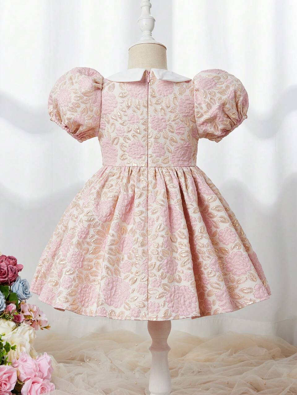 Tween Girls' Wedding Season Peter Pan Collar Puff Short Sleeve Dress