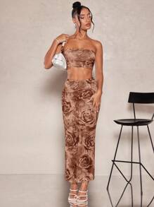 SHEIN BAE Floral Print Tube Top & Pencil Skirt