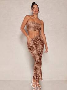 SHEIN BAE Floral Print Tube Top & Pencil Skirt