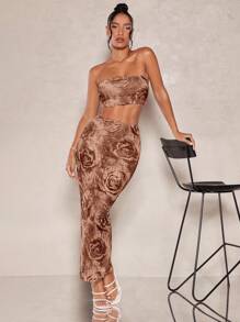 SHEIN BAE Floral Print Tube Top & Pencil Skirt