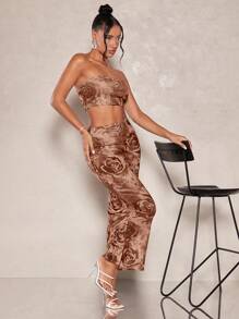 SHEIN BAE Floral Print Tube Top & Pencil Skirt