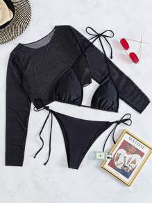 SHEIN Swim Summer Beach Solid Bikini Set Halter Bra & Tie Side Thong Bottom & Long Sleeve Cover Up Top 3 Piece Bathing Suit - Black - View 6