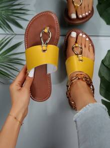 時尚黃色涼鞋適用於女士金屬裝飾T字帶涼鞋 - 黃色 - 查看 1
