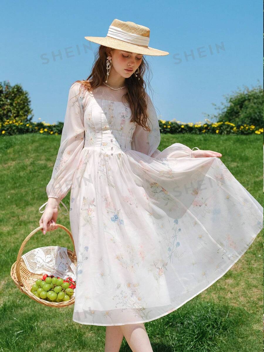 Vestido de manga farol con estampado floral