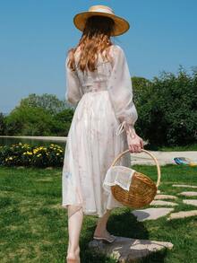 Floral Print Lantern Sleeve Dress - White - View 6