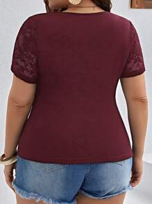 SHEIN Privé Áo thun Plus size Tương phản ren màu trơn Giải trí - Màu Tím - Xem 2