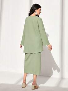 Mulvari 素色前紐扣高低下擺襯衫和半身裙 - 薄荷綠 - 查看 2