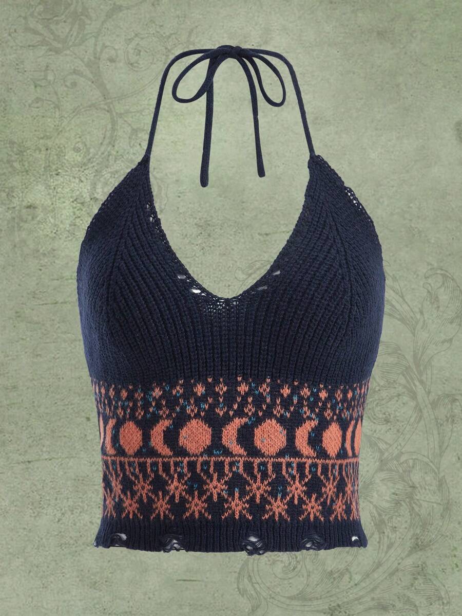 ROMWE Hippie Moon Pattern Ripped Halter Knit Top - Navy Blue - View 1