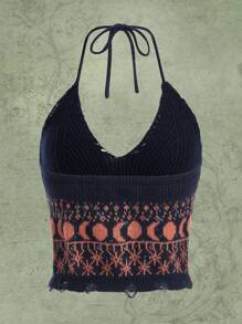 ROMWE Hippie Moon Pattern Ripped Halter Knit Top - Navy Blue - View 2
