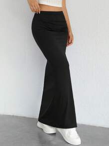 SHEIN EZwear 夏季穿搭纯色开衩大腿褶皱细节中长裙