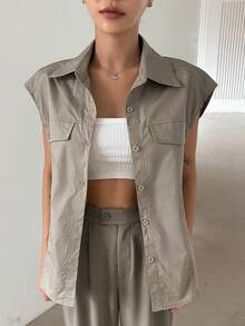 Dazy Designer 垂墜細節鈕扣前開口寬鬆無袖襯衫 - 摩卡棕 - 查看 3