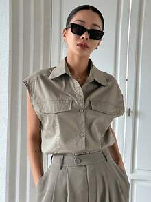 Dazy Designer 垂墜細節鈕扣前開口寬鬆無袖襯衫 - 摩卡棕 - 查看 5