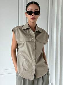 Dazy Designer 垂墜細節鈕扣前開口寬鬆無袖襯衫 - 摩卡棕 - 查看 7