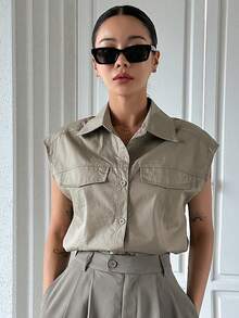 Dazy Designer 垂墜細節鈕扣前開口寬鬆無袖襯衫 - 摩卡棕 - 查看 8