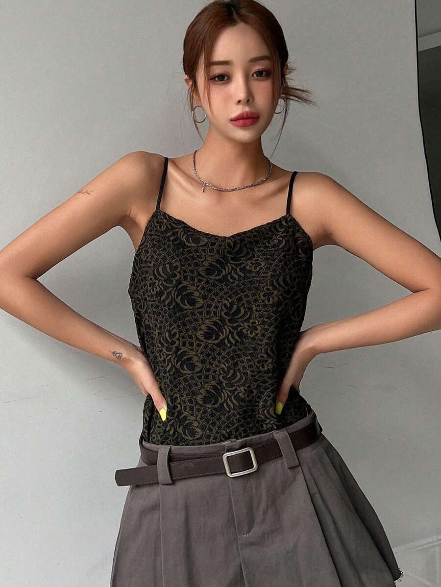 Dazy Designer Jacquard Draped Collar Cami Top Tank Tops New Years Women Carnival - Multicolor - View 1
