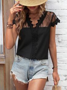 SHEIN LUNE Guipure Lace Panel Blouse - Black - View 1