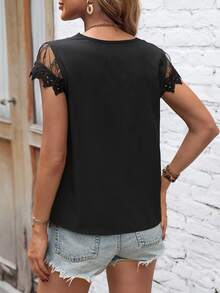 SHEIN LUNE Guipure Lace Panel Blouse - Black - View 2