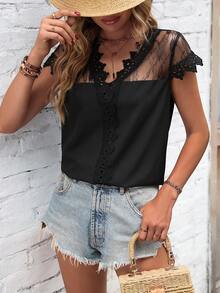 SHEIN LUNE Guipure Lace Panel Blouse - Black - View 3