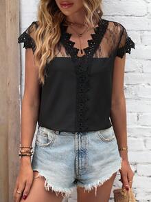 SHEIN LUNE Guipure Lace Panel Blouse - Black - View 5