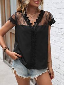 SHEIN LUNE Guipure Lace Panel Blouse - Black - View 6