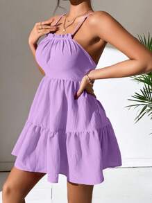 SHEIN PETITE Đầm Hội Chữ thập Viên lá sen màu trơn Gợi cảm - Màu tím - Xem 4