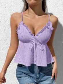SHEIN Qutie Frill Trim Knot Front Schiffy Cami Top - Lilac Purple - View 1