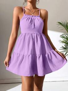 SHEIN PETITE Đầm Hội Chữ thập Viên lá sen màu trơn Gợi cảm - Màu tím - Xem 7