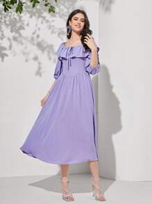 Mulvari Knot Front Ruffle Trim Dress - Lilac Purple - View 1