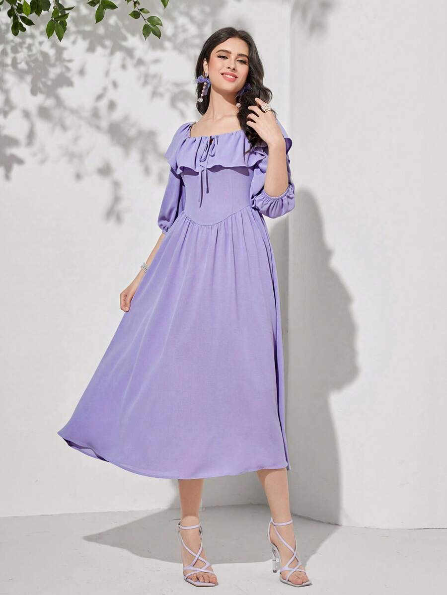 Mulvari Knot Front Ruffle Trim Dress - Lilac Purple - View 1