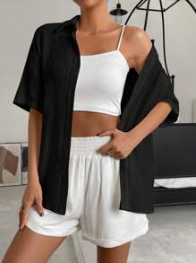 SHEIN EZwear Solid Drop Shoulder Button Front Shirt - Black - View 7