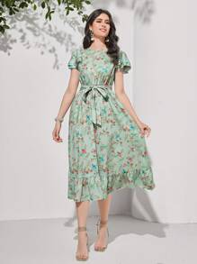 Seusyu Floral Print Ruffle Hem Belted Dress - Mint Green - View 4