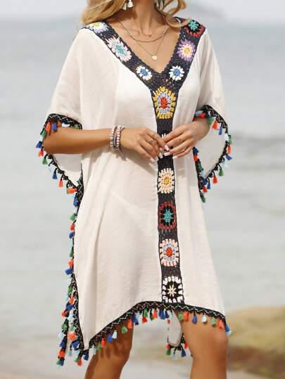 Swim Lushoire Summer Beach Floral Embroidery Tassel Trimmed Cover Up Dress