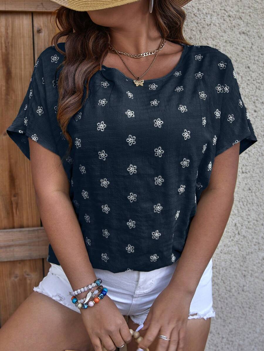 SHEIN LUNE Plus Floral Print Batwing Sleeve Blouse - Navy Blue - View 1