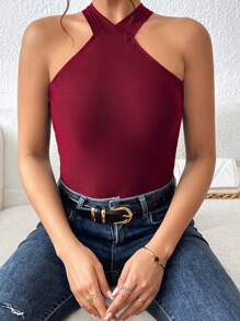 SHEIN Privé Crisscross Tie Backless Halter Top - Burgundy - View 2
