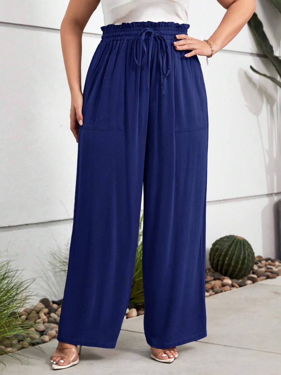 SHEIN LUNE 大碼紙袋腰抽繩闊腿褲 - 藏蓝色 - 查看 1