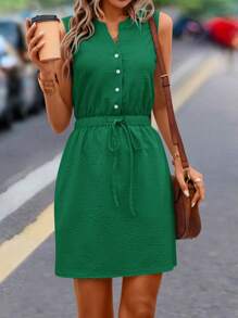 SHEIN LUNE Vestido unicolor con botón delantero de cintura con cordón - Verde - Ver 6