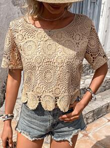 EMERY ROSE Blusa unicolor ribete en abanico con encaje - Caqui - Ver 4