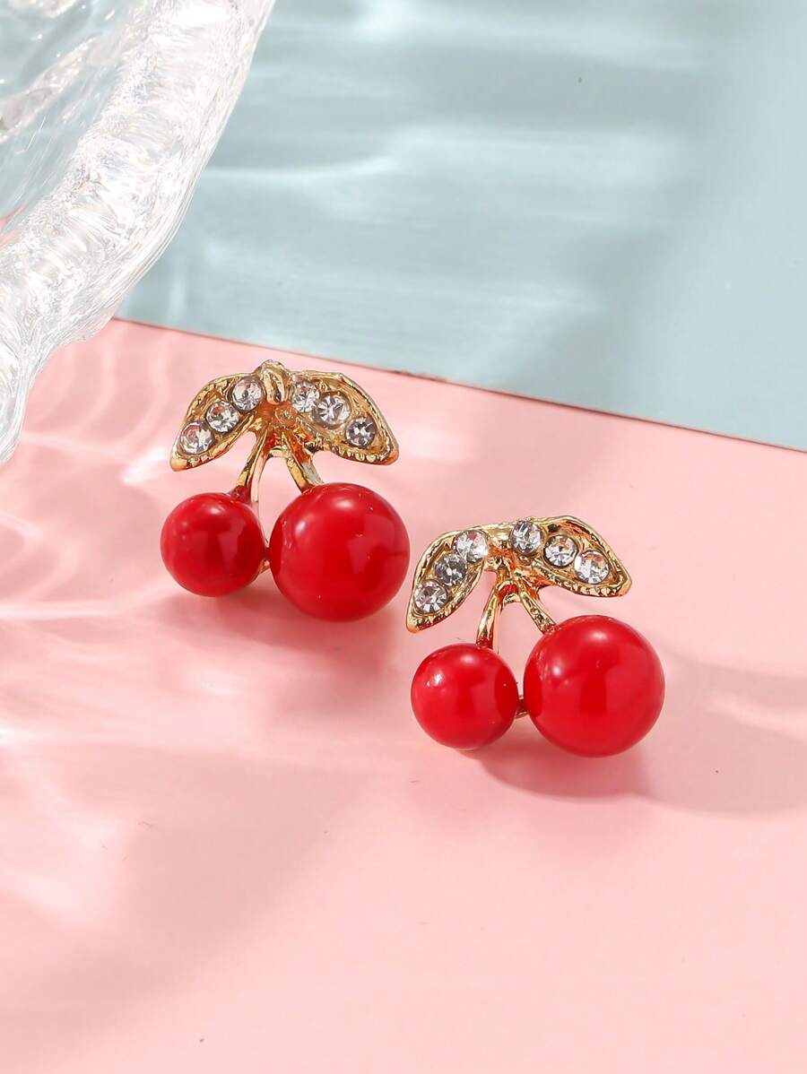 2 chiếc bông tai trang trí rhinestone trang trí hoa anh đào - Đỏ - Xem 1