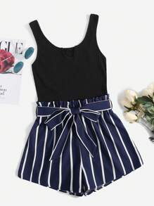 SHEIN VCAY Striped Print Belted Tank Romper - Navy Blue - View 1