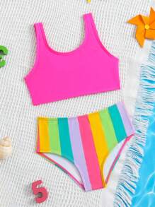 Baby Girl Striped Print Beachwear Summer Beach - Multicolor - View 1