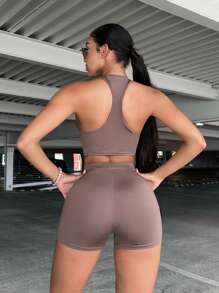 SHEIN SXY Solid Racer Back Crop Top & Biker Shorts - Brown - View 3