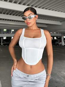 SHEIN SXY 素色不對稱下擺背心上衣 - 白色 - 查看 5