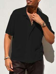 男士素色落肩袖針織上衣 - 黑色 - 查看 1