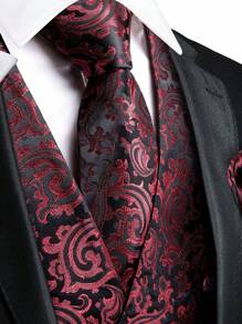 Ngày lễ tình nhân Nam 1 Miếng Baroque Dệt hoa Áo gi lê - Màu Đỏ Sâu - Xem 3